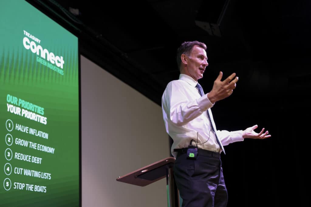 Chancellor of the Exchequer Jeremy Hunt speaks at a Treasury Connect event on Green Industries alongside Grant Shapps, Secretary of State for Department for Energy Security and Net Zero and Therese Coffey, Secretary of State for DEFRA at Plexal in London.