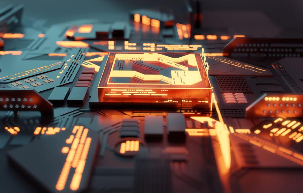 A futuristic glowing CPU quantum computer processor. 3D illustration.