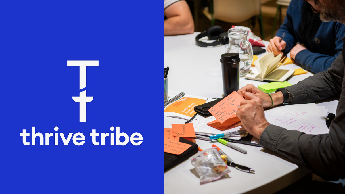 Thrive Tribe logo and wellbeing workshop photo