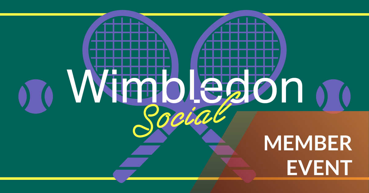 Wimbledon Social title with two tennis bats on a green background