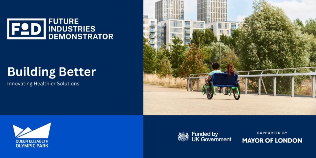 Picture of someone cycling in Queen Elizabeth Park, with text overlays of "Future Industries Demonstrator" and "Building Better"