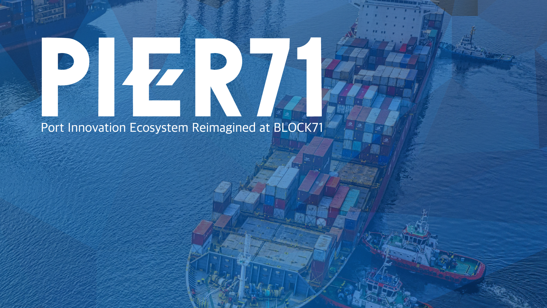 PIER71 logo on a blue background with a cargo ship in the background