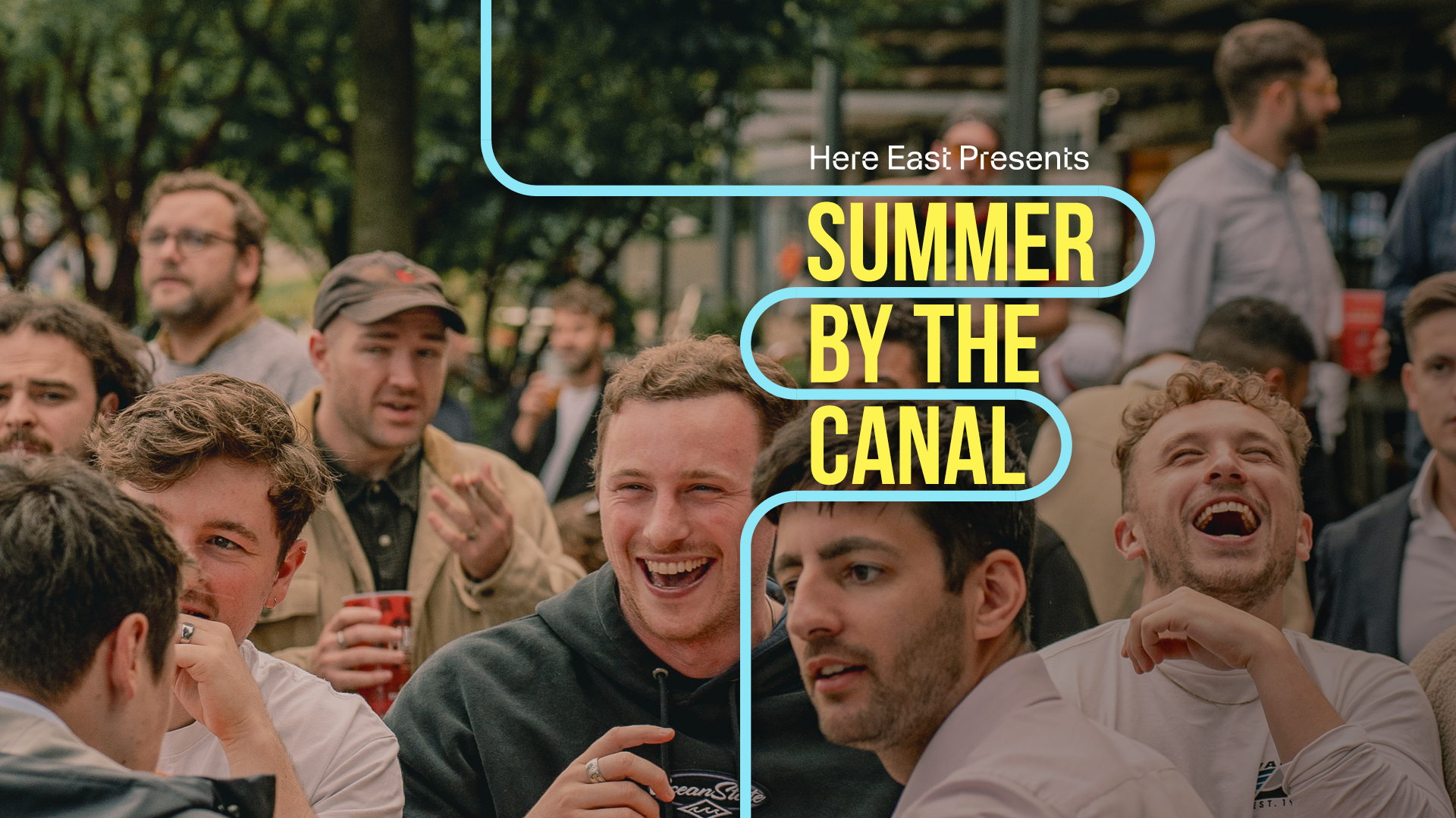 Image of crowd of people smiling, laughing, enjoying drinks in the sunshine with the words "summer by the canal" over the image