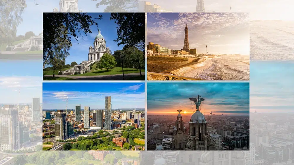 Collage of 4 images of landmarks from the North West of England